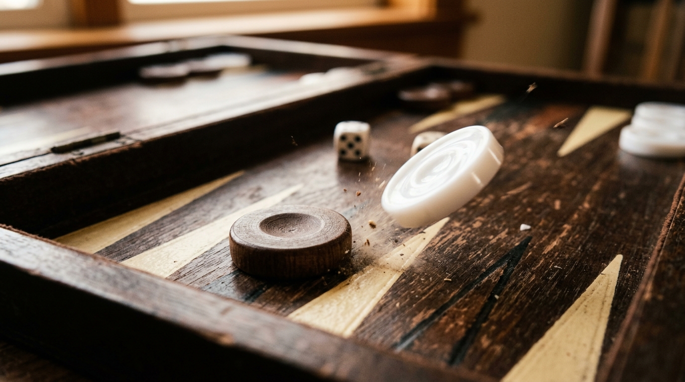 A fine backgammon board with weighted checkers in play