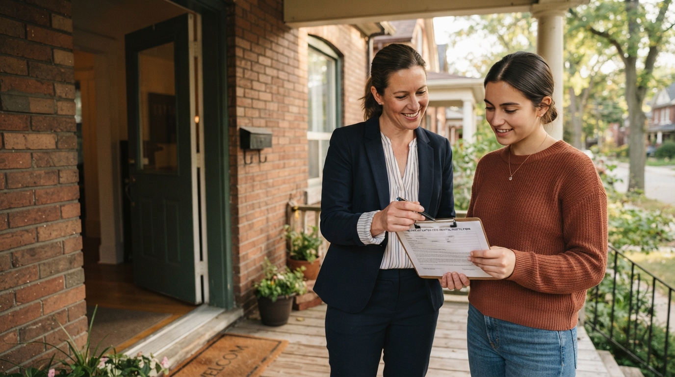 A property manager and tenant review a written entry notice together beside the open doorway of a modest rental home.