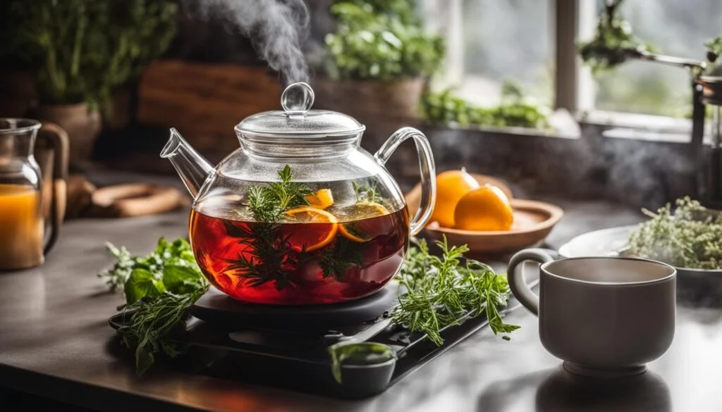 Clear glass teapot with herbal tea and citrus