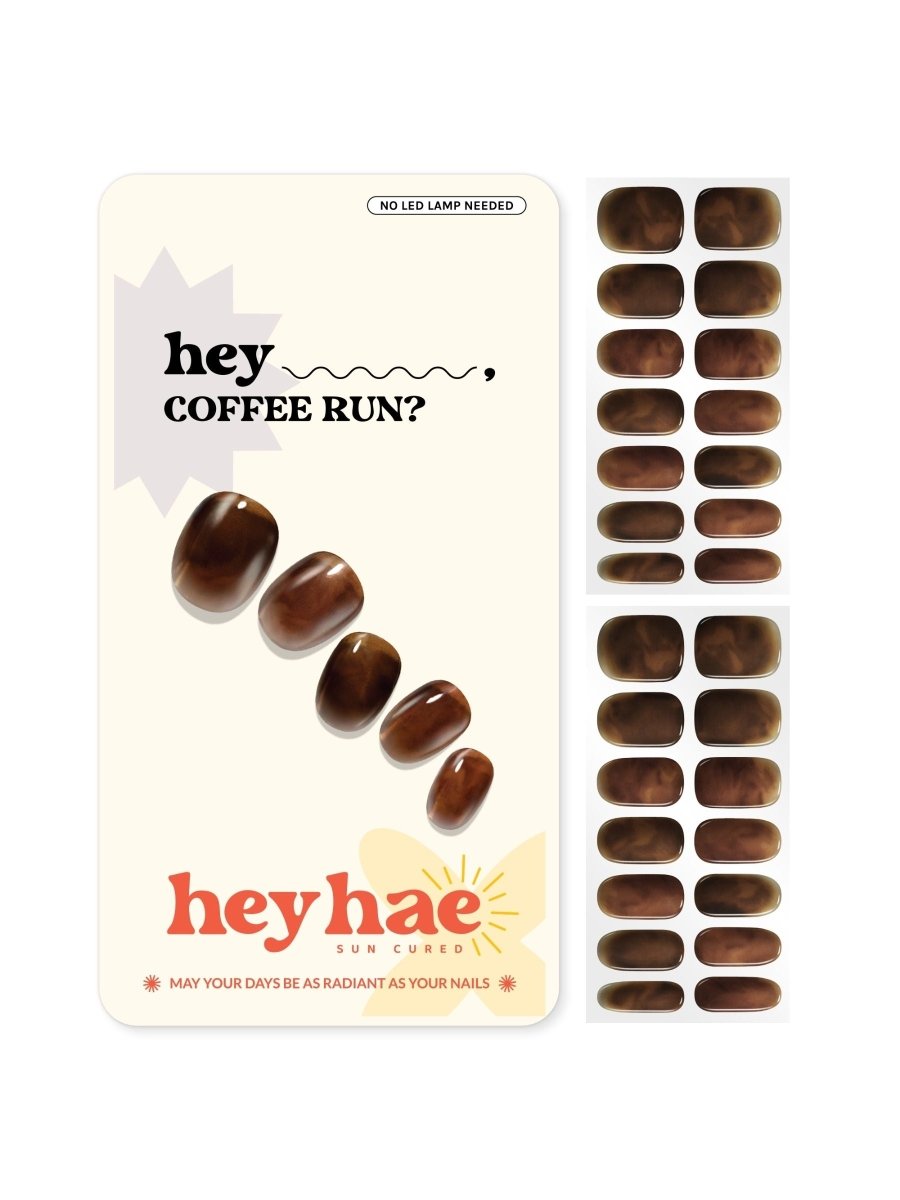 Coffee Run gel nail stickers on fingers