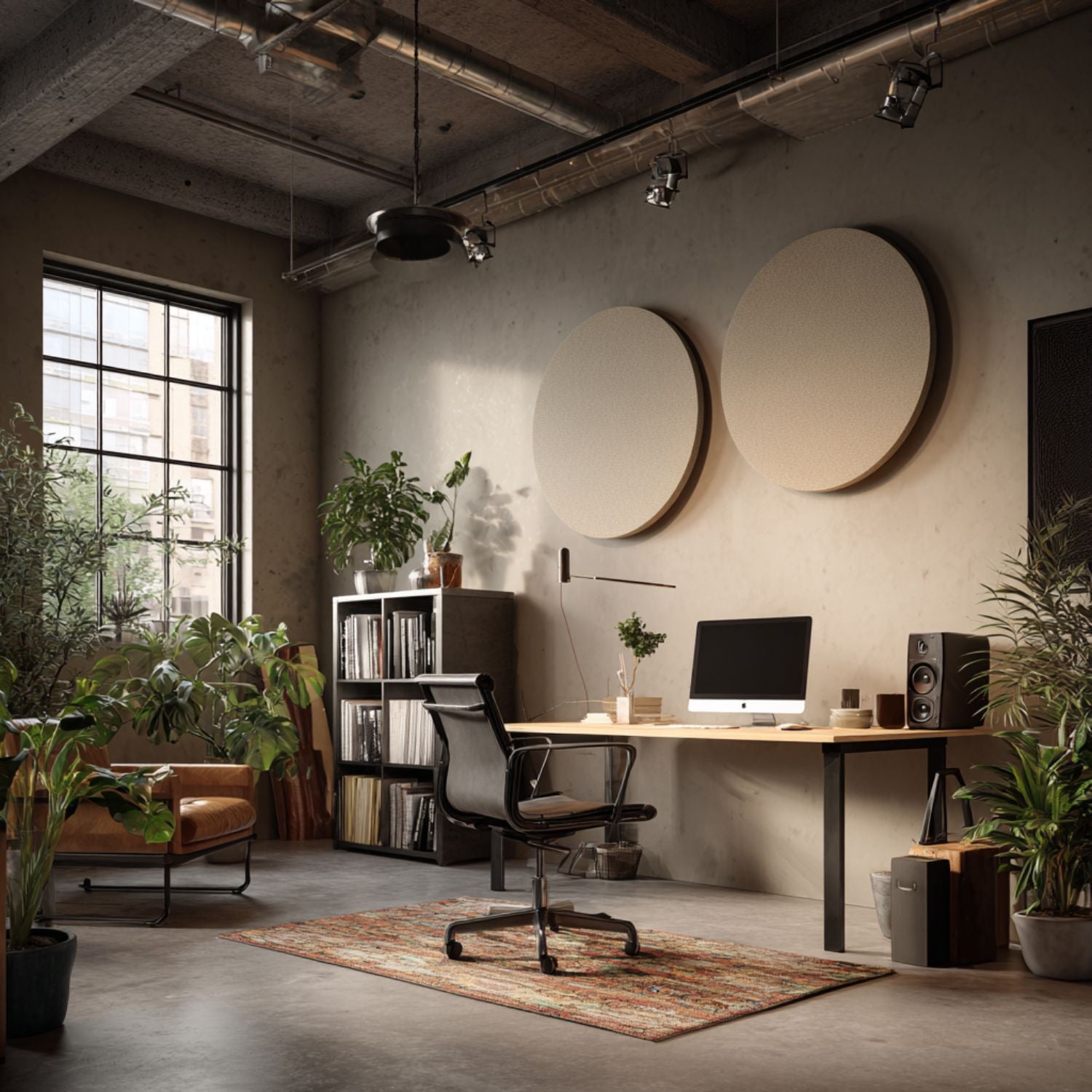 SilentSpace Circle acoustic panels on office wall