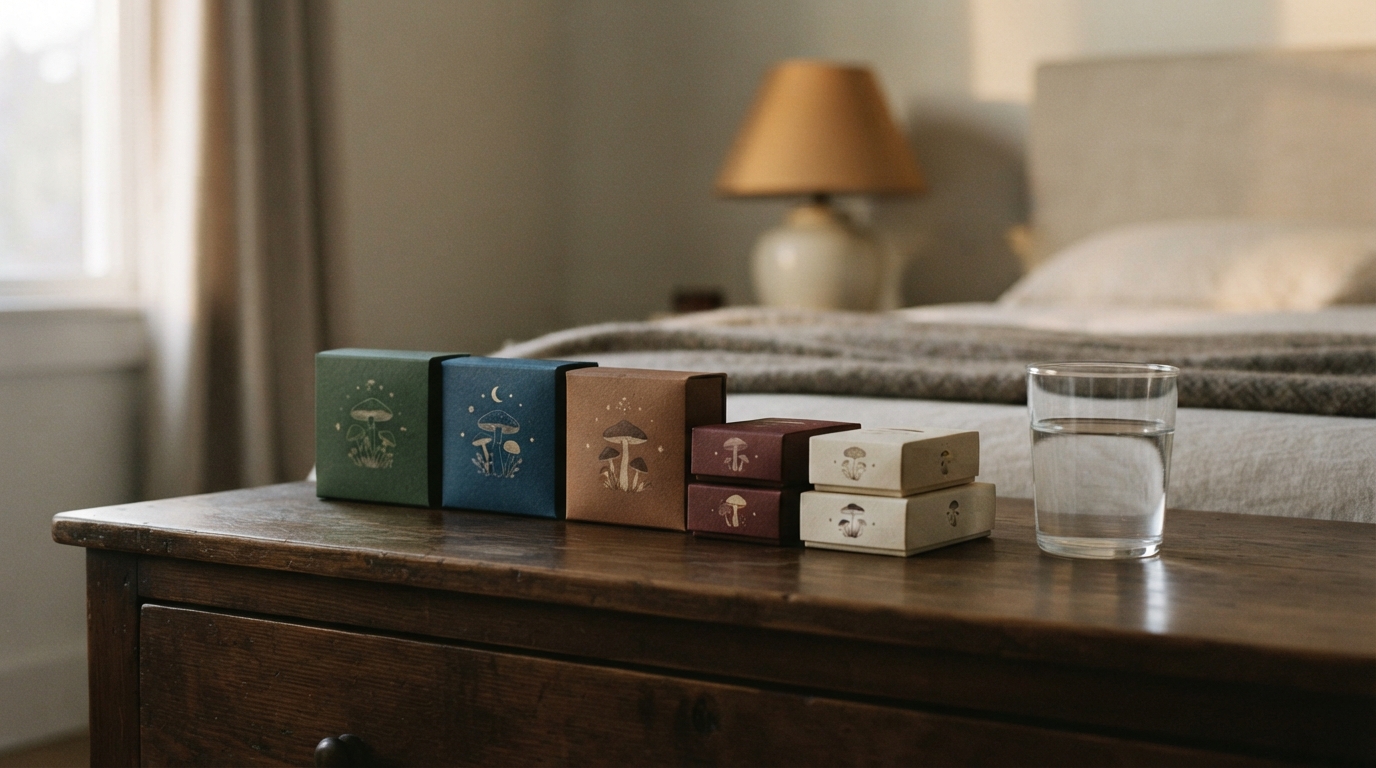 Several small boxes of mushroom chocolates are arranged in a row on a quiet bedroom dresser beside a glass of water in soft
