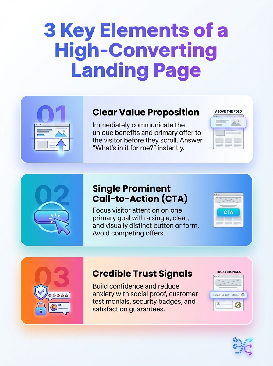 Infographic of the 3 key elements of High-Converting Landing Pages with tips.