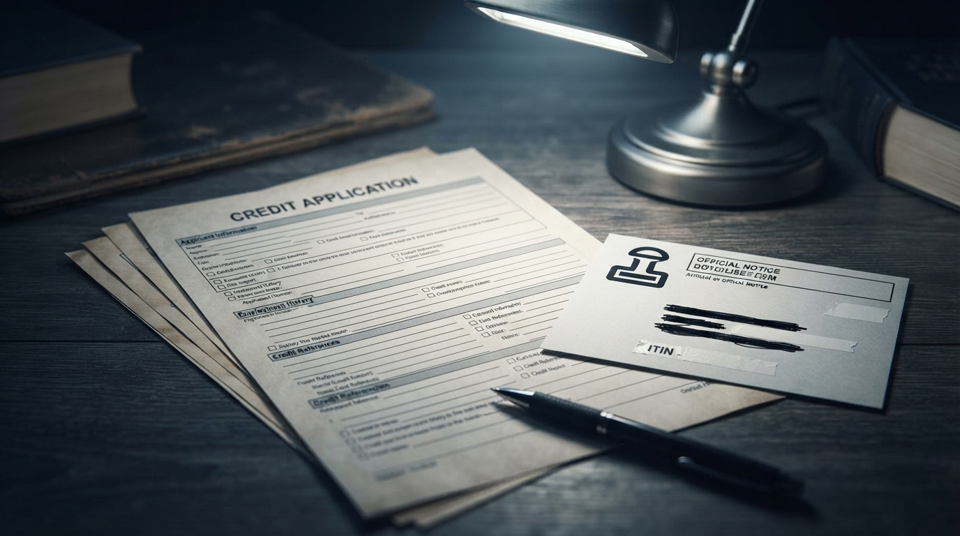 A thin credit-file report with mostly blank lines beside a masked ITIN notice, isolated under a cool desk lamp.