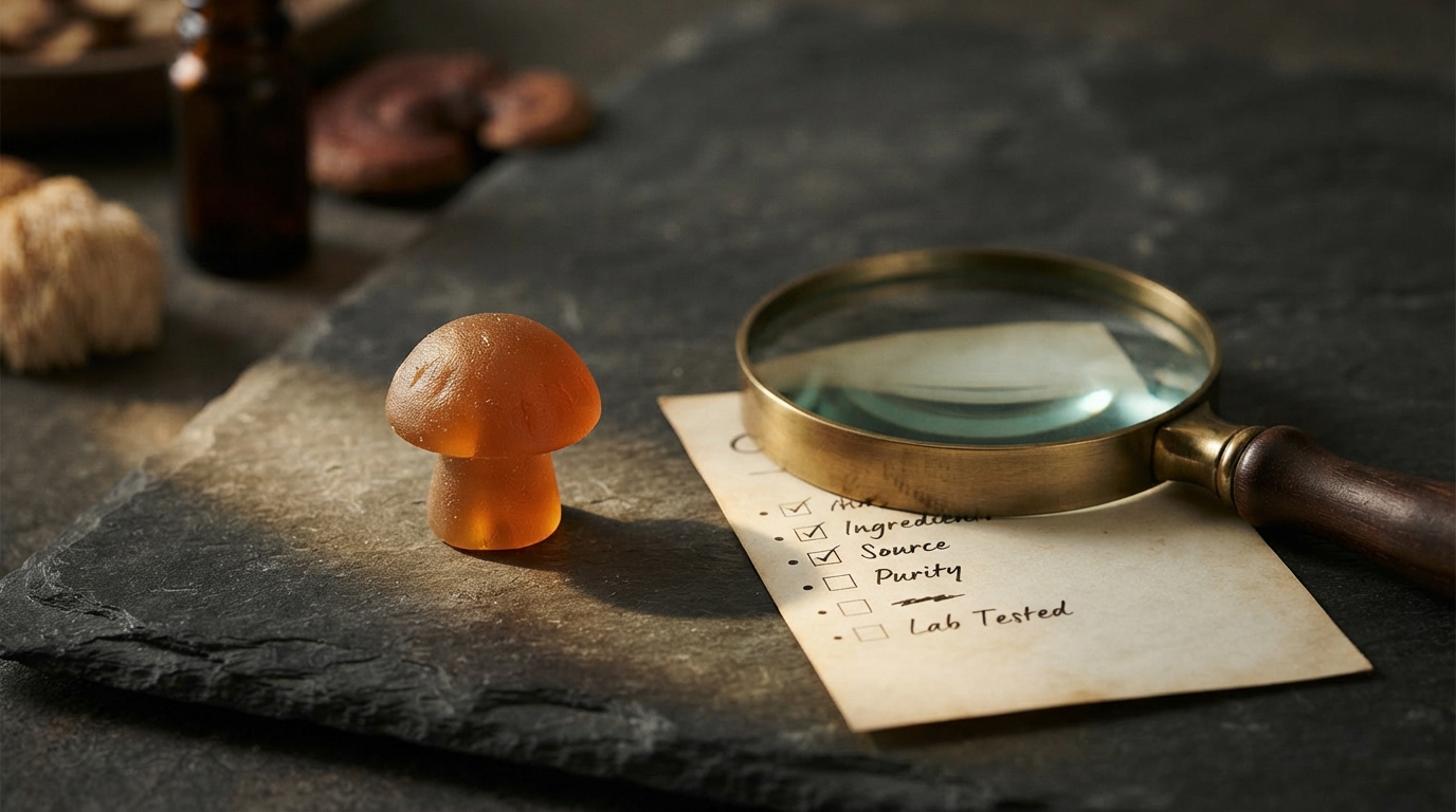 A single gummy rests beside a magnifying glass and a safety checklist on a dark stone surface, lit by a focused beam.