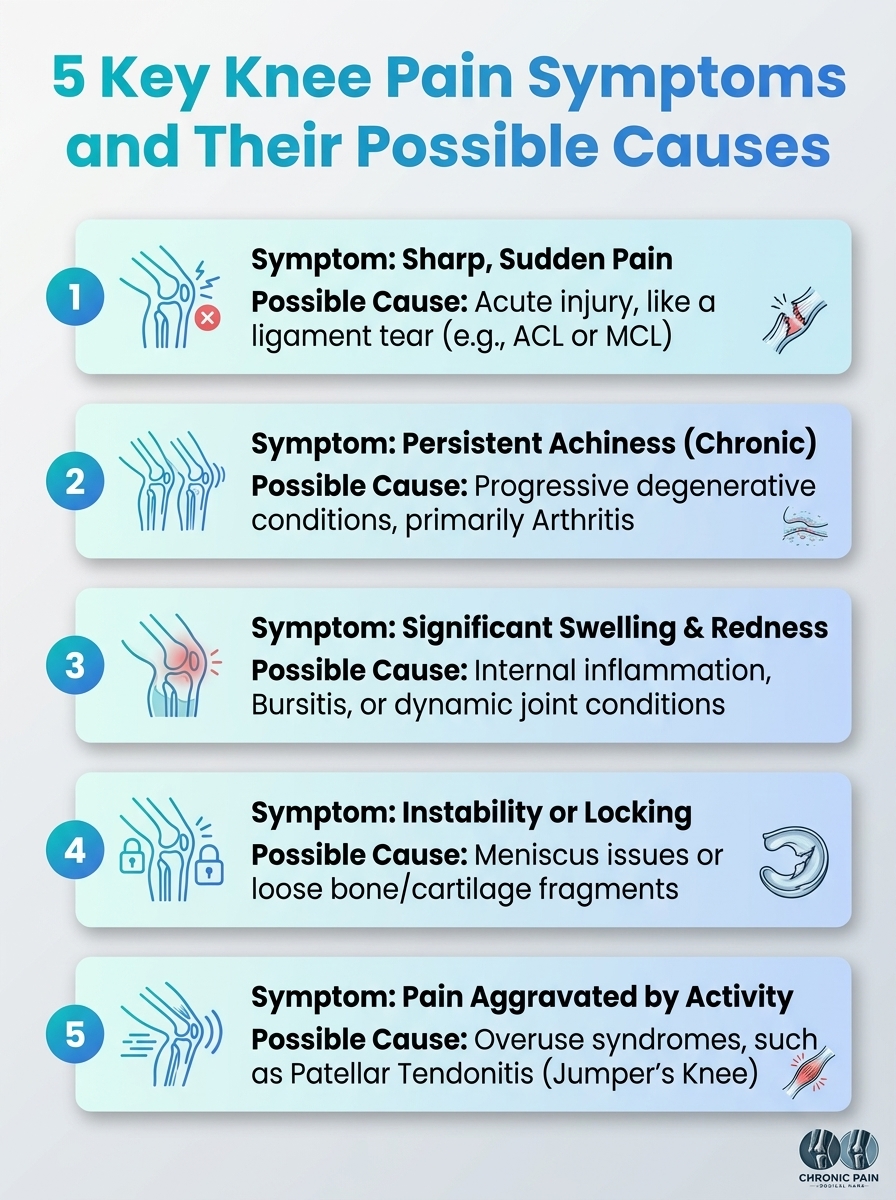 Infographic showing knee pain symptoms and causes, highlighting 5 key knee pain symptoms and their possible causes.