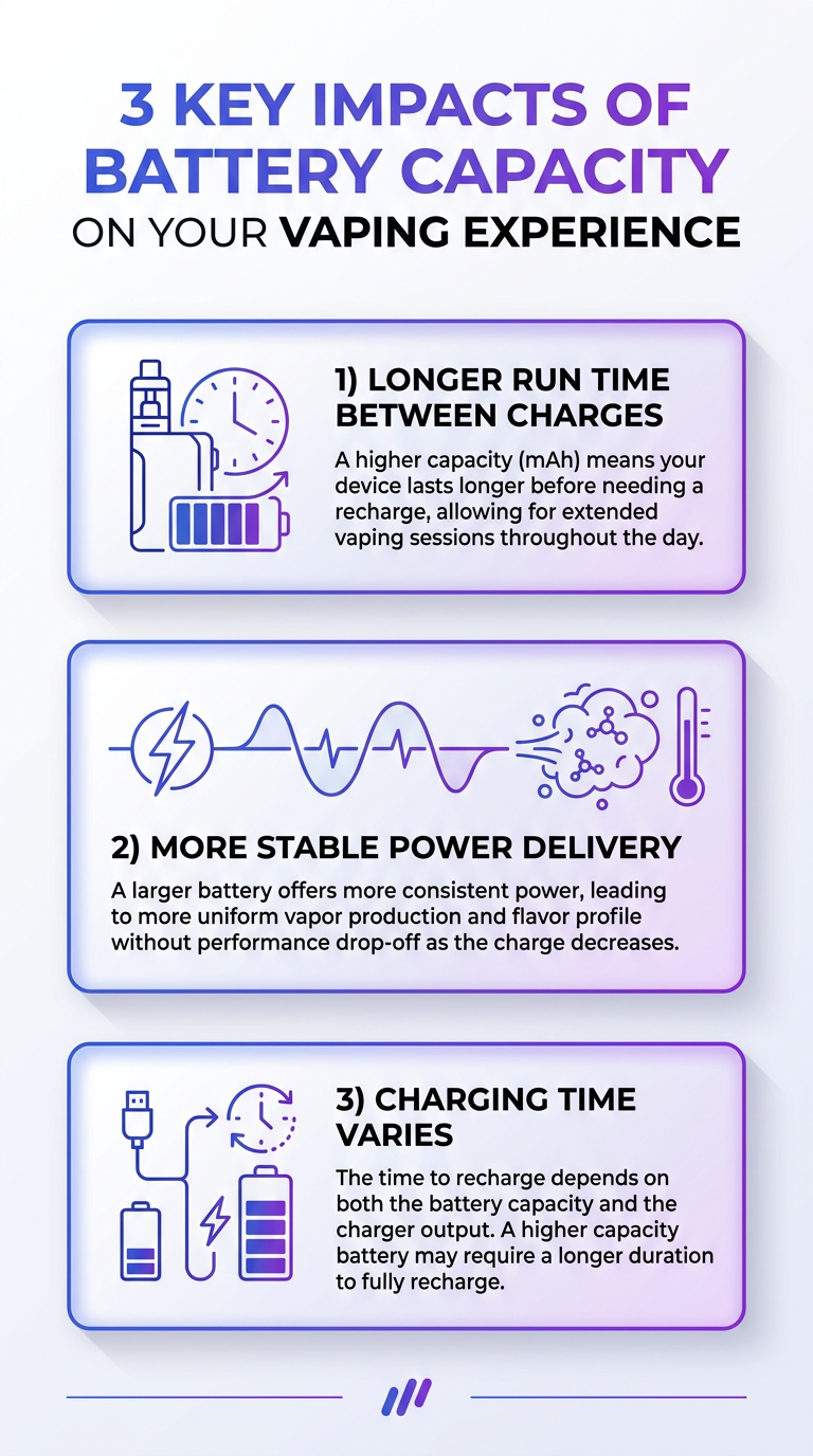 Infographic shows 3 key impacts of battery capacity on your vaping experience, highlighting runtime, safety, and performance.