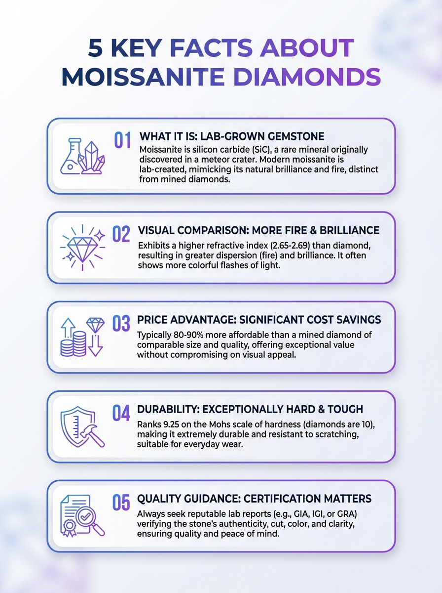 Infographic depicting 5 key facts about Moissanite Diamonds, including brilliance, durability, price, care, and sourcing.