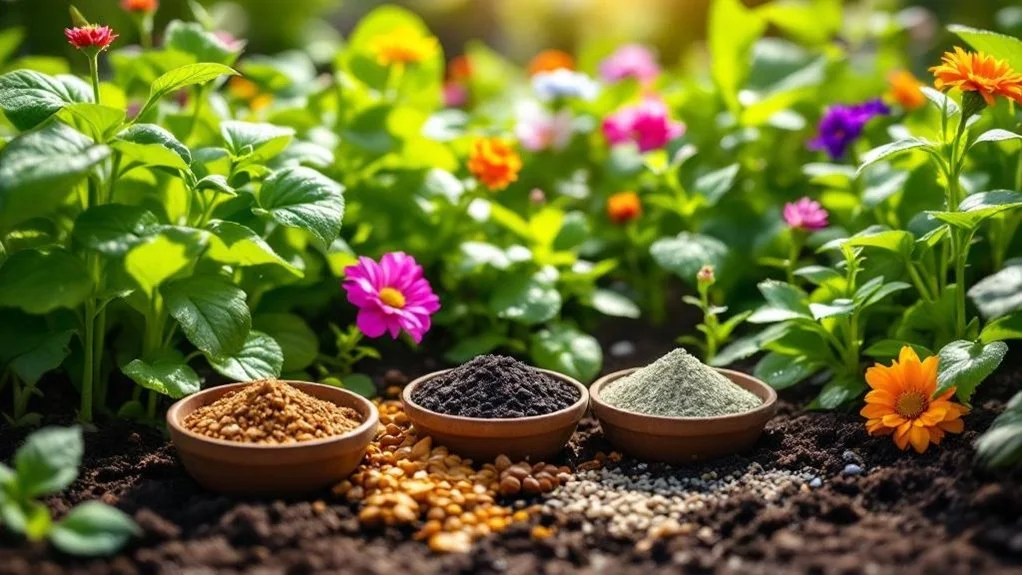 Soil amendments and fertilizer granules in a garden bed