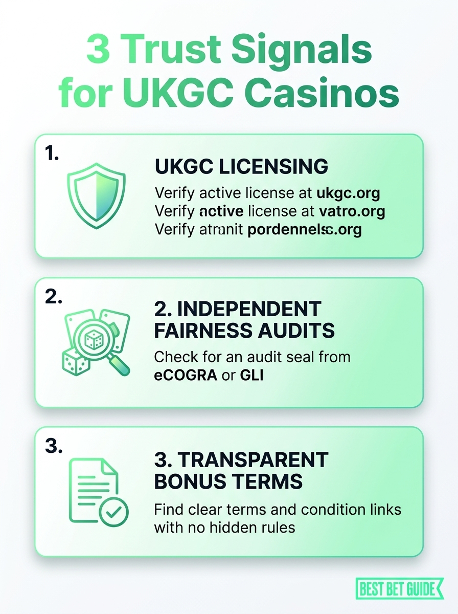 Infographic showing 3 trust signals for best ukgc casinos