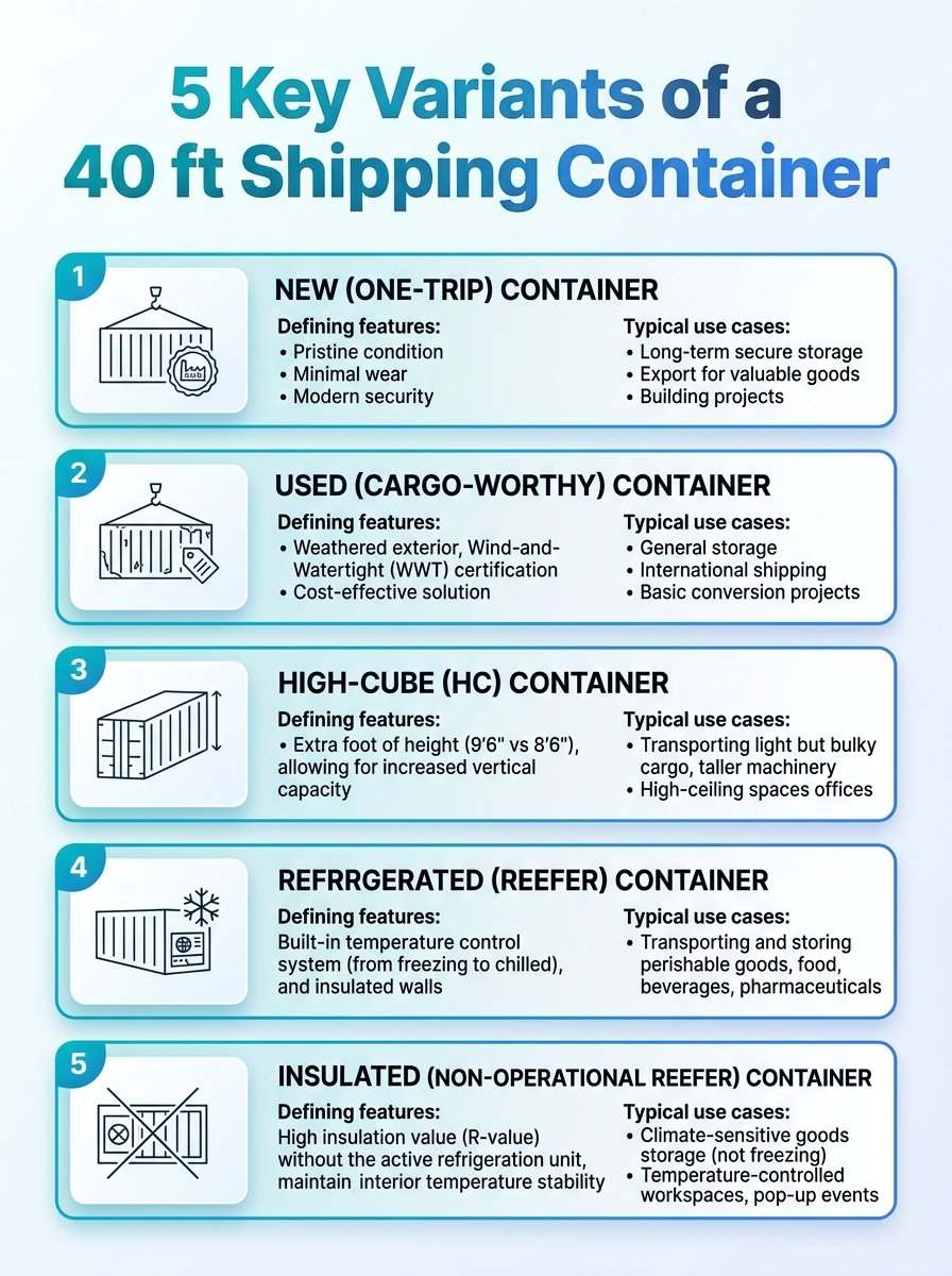Infographic showing 5 key variants of a 40 ft shipping container, highlighting dimensions, uses, and features.
