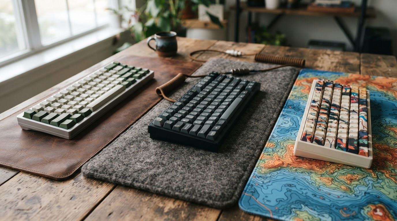 Three mechanical keyboards sit on leather, wool, and printed desk mats in a vivid color comparison arranged on a studio