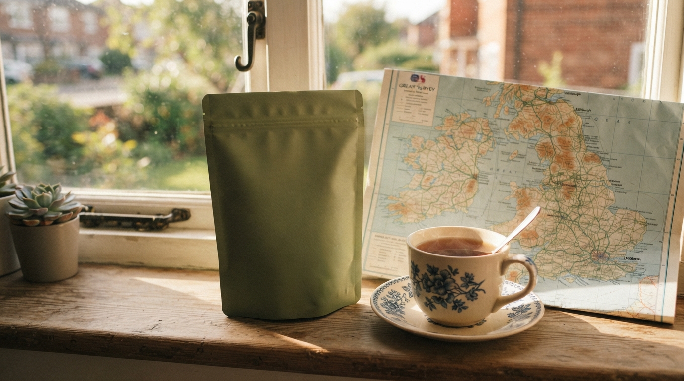 An unopened, neutral-coloured edible pouch rests beside a cup of tea and a UK map on a sunlit windowsill, suggesting careful