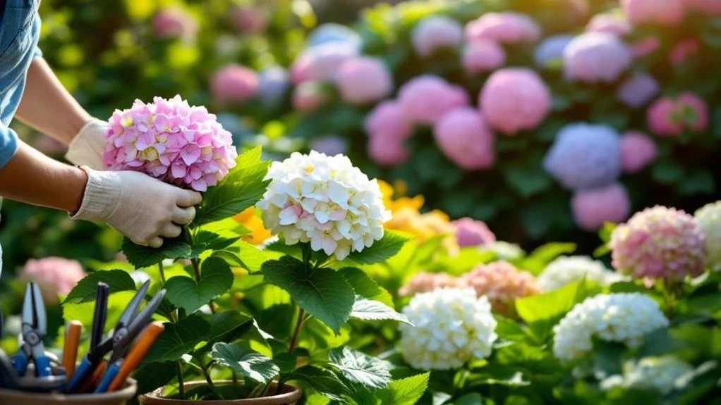A gardener holds pink and white hydrangea blooms among garden plants