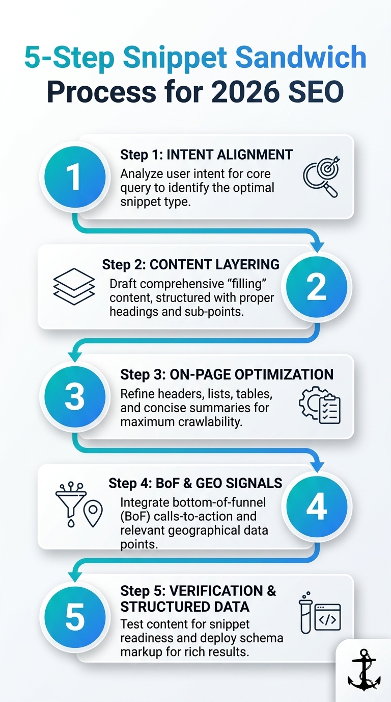 Infographic of the 5-Step Snippet Sandwich Process for 2026 SEO, illustrating the Snippet Sandwich content structure.
