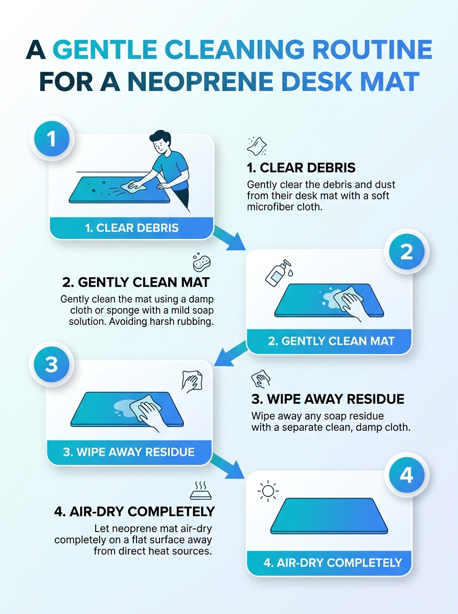 Infographic showing how to clean a neoprene desk mat with a gentle step-by-step routine.