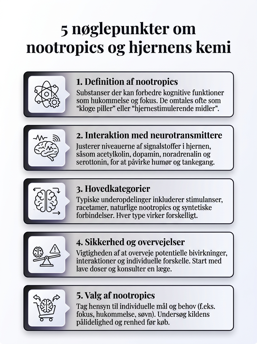 Infographic summarizing 5 key points about nootropics and brain chemistry, neurotransmitters, and cognition.