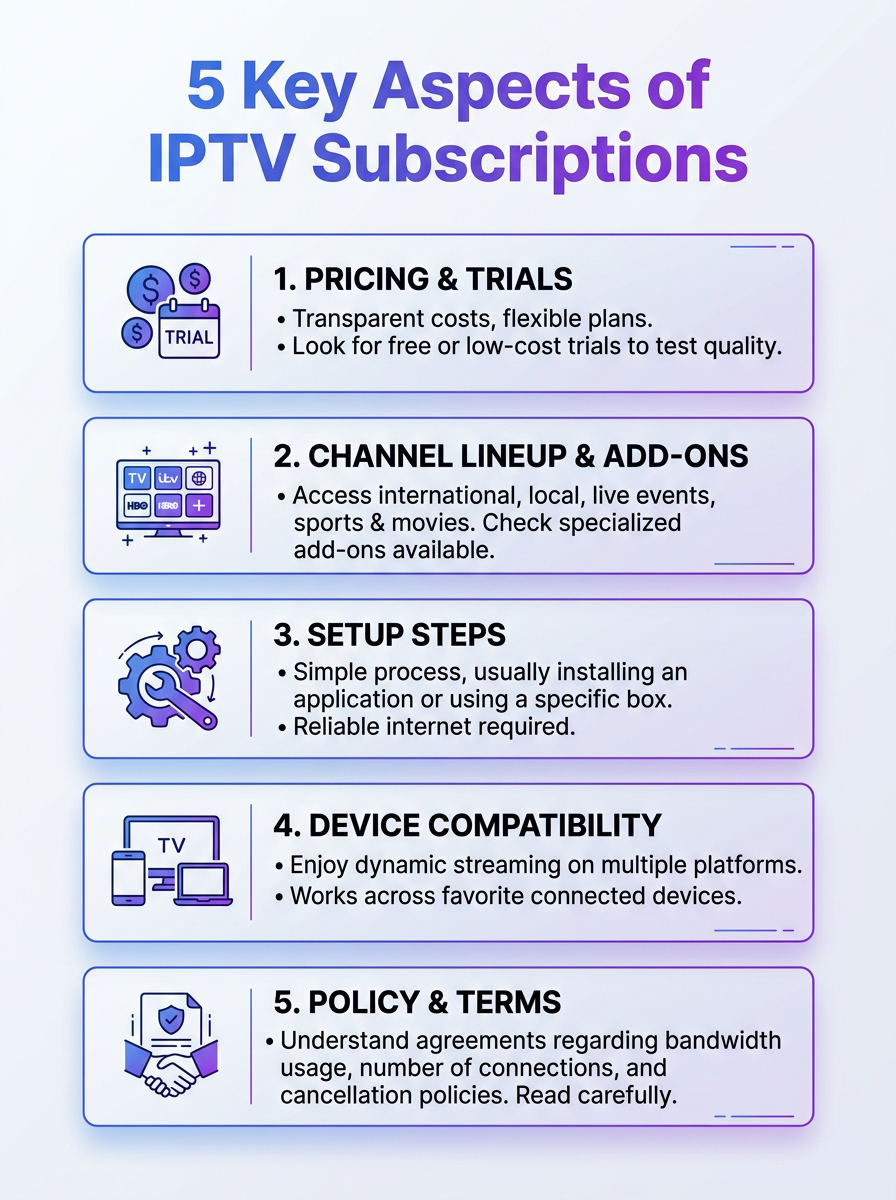 Infographic showing 5 key aspects of IPTV subscriptions: pricing, channels, devices, reliability, and terms.