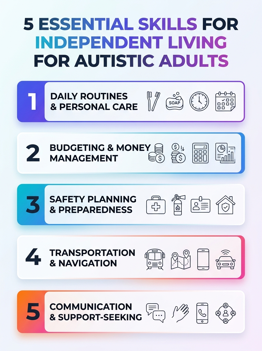Infographic: Best Skills for Independent Living as an Autistic Adult—five essential skills.