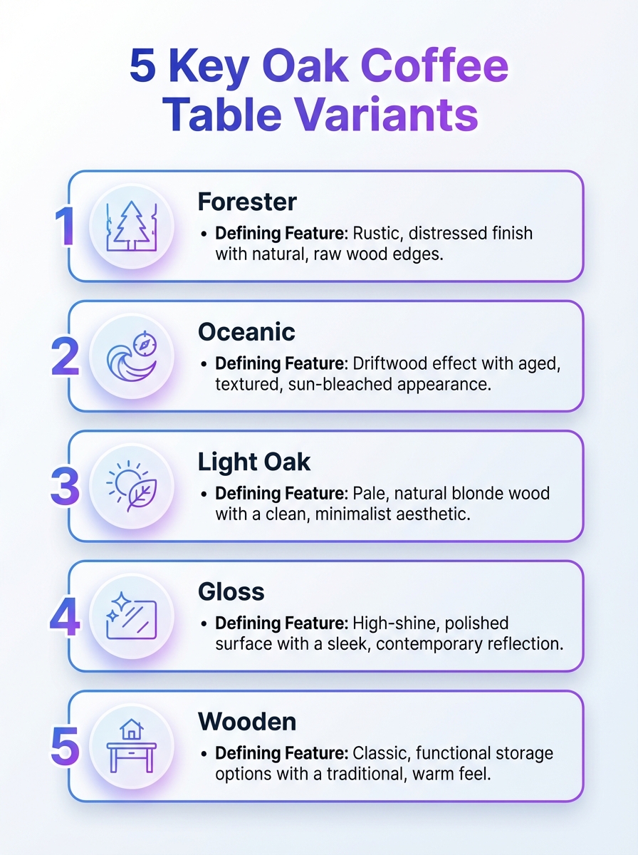 Infographic showing 5 key oak coffee table variants and design options for oak coffee tables.