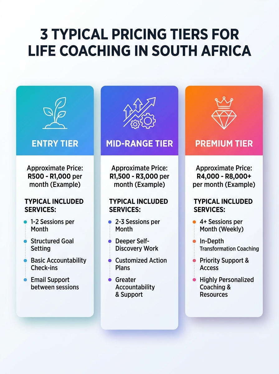 Infographic showing 3 typical pricing tiers for life coaching in South Africa with price ranges and features.