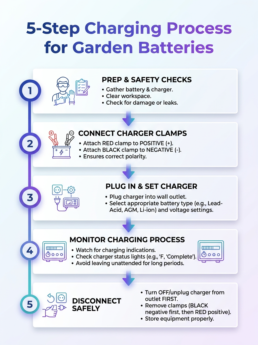 Infographic: how to charge raw garden battery with a 5-step charging process for garden batteries.