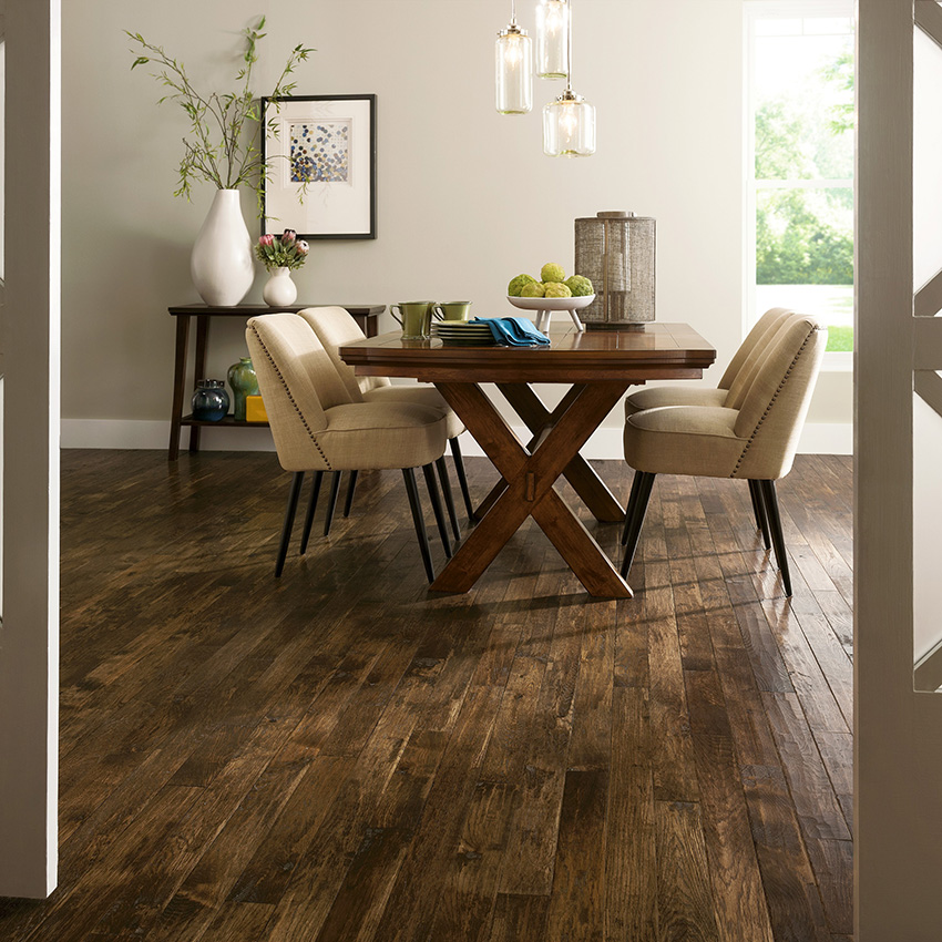 Dark Handscraped Hickory Hardwood in a modern home