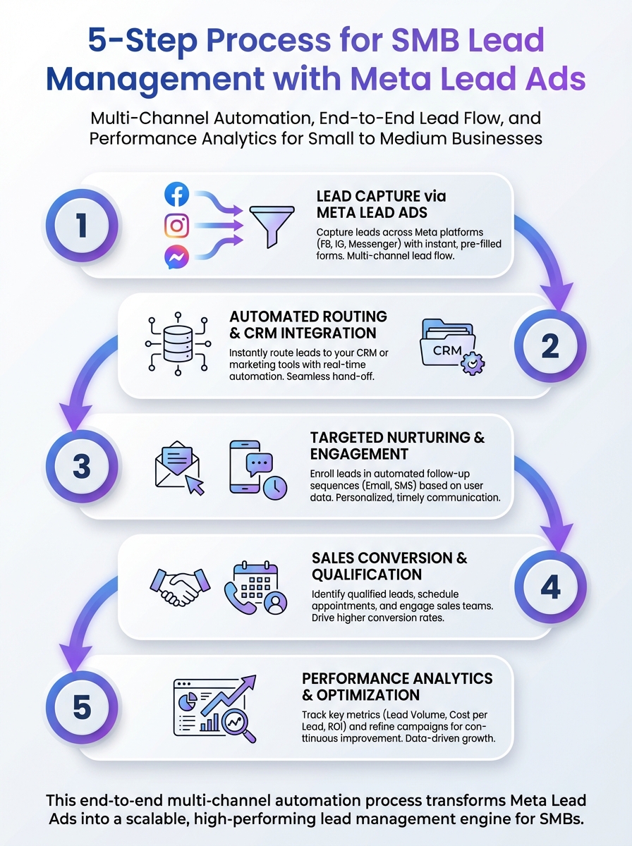 5-step SMB lead management infographic showing multi-channel automation with Meta Lead Ads