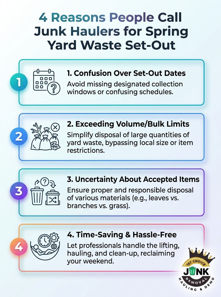 Infographic showing 4 reasons people call junk haulers for 2026 Spring Yard Waste Set-Out Window confusion.