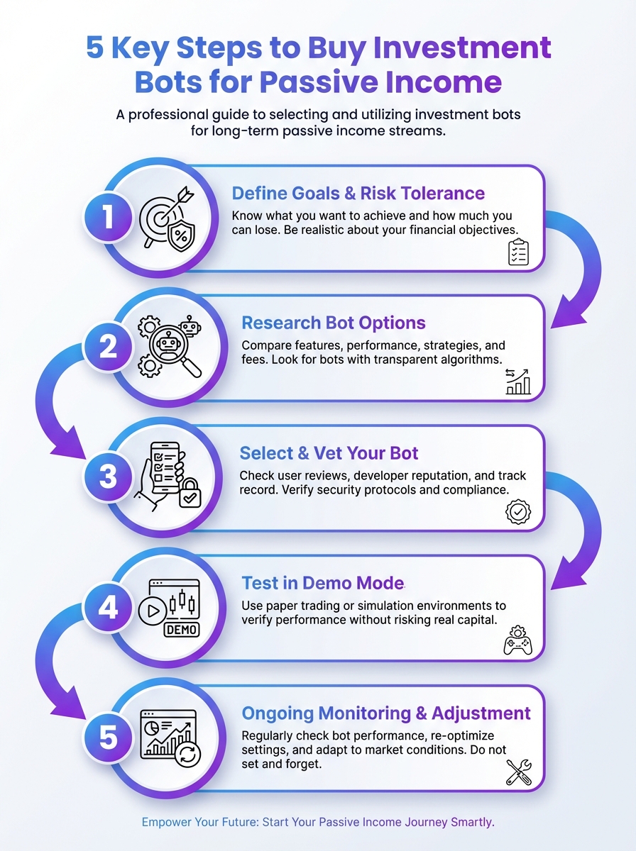 Infographic: 5 key steps to buy investment bots for passive income — Buy Guide Investment Bots for Passive Income