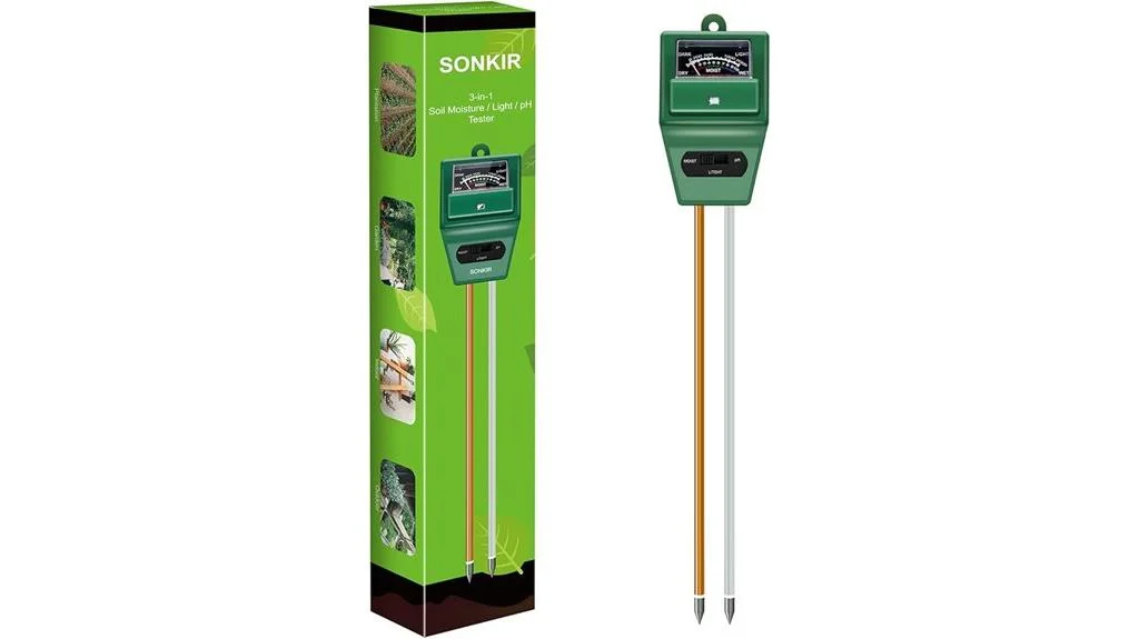 Green soil tester with metal probes beside its retail box.