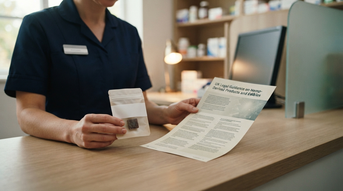 A pharmacist's hands compare an unbranded edible label with a UK legal guidance leaflet on a clean consultation counter.