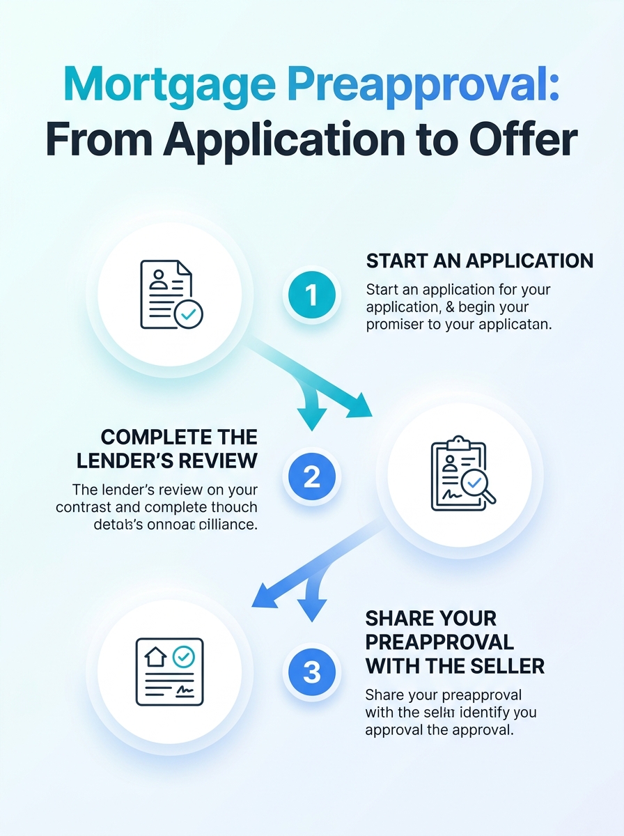 Mortgage preapproval infographic showing the steps from loan application and document review to a seller-ready offer