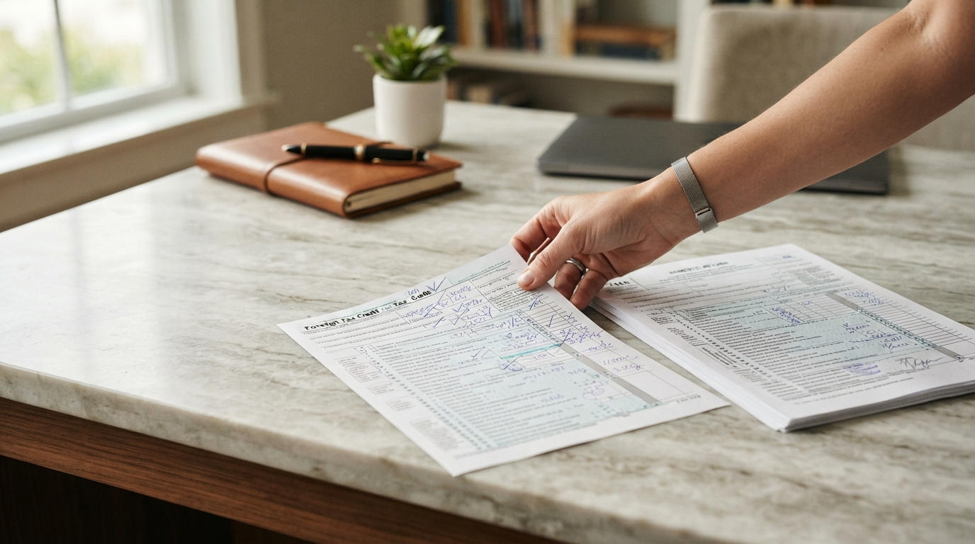 A hand places a marked foreign tax credit form beside a domestic return, with both documents aligned on a bright stone
