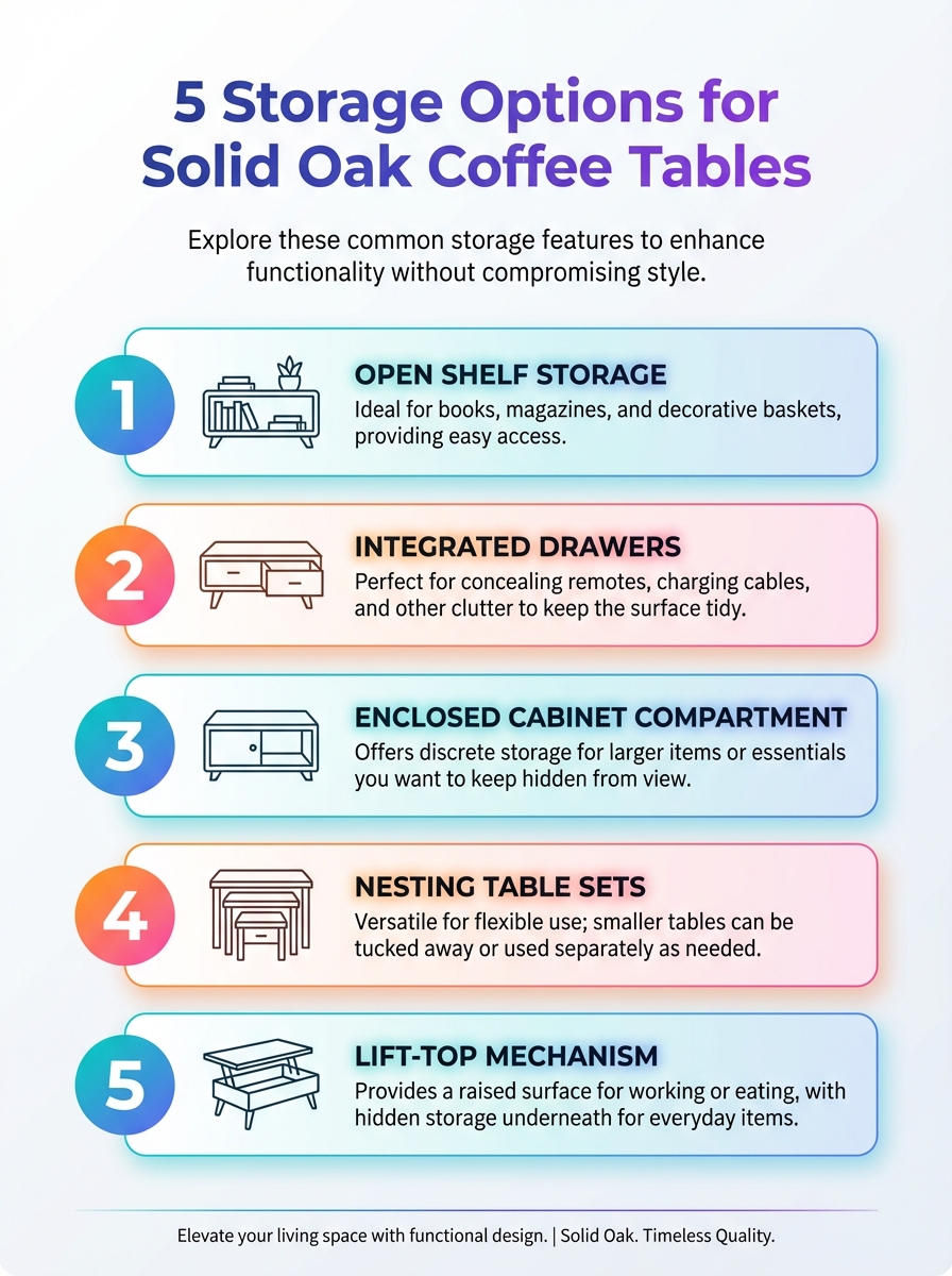 Infographic showing 5 storage options for solid oak coffee tables with storage options.