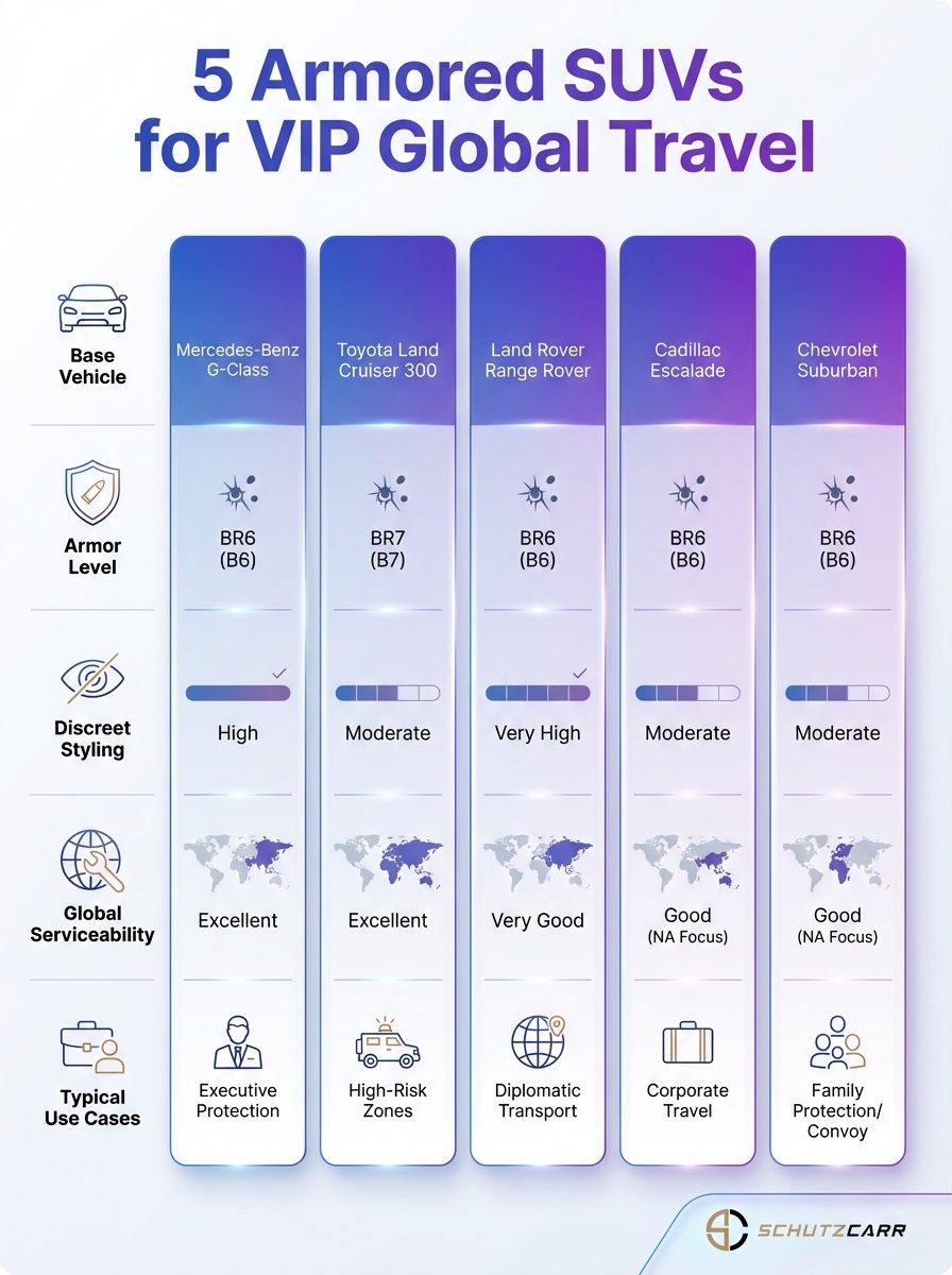 Infographic: 5 armored SUVs for VIP global travel, from the Ultimate Guide to Armored SUVs for Global Travel.