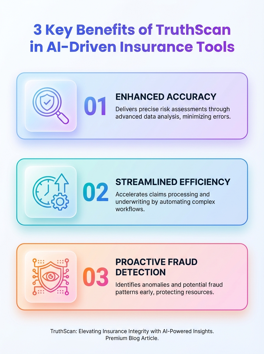 TruthScan infographic: 3 key benefits in AI-driven insurance tools - accuracy, speed, risk assessment.
