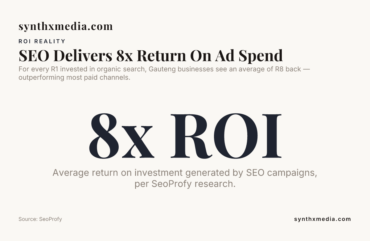 SEO delivers roughly 8x return on ad spend, outperforming paid channels for Gauteng businesses