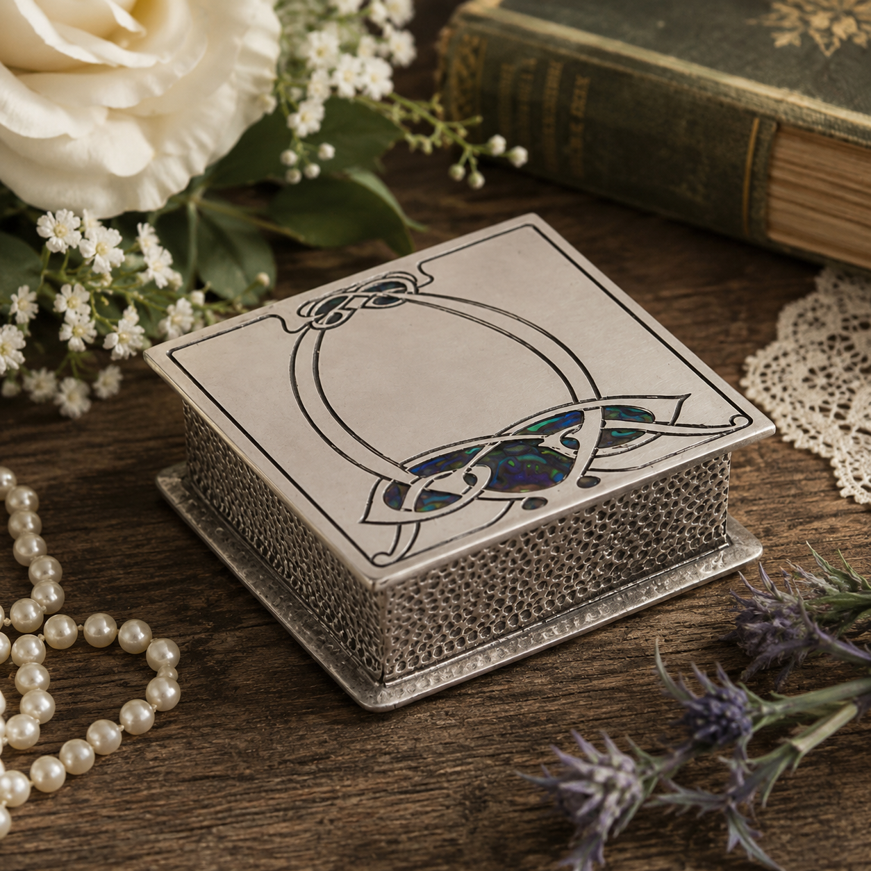 Archibald Knox inspired pewter trinket box with Celtic design and blue enamel detail