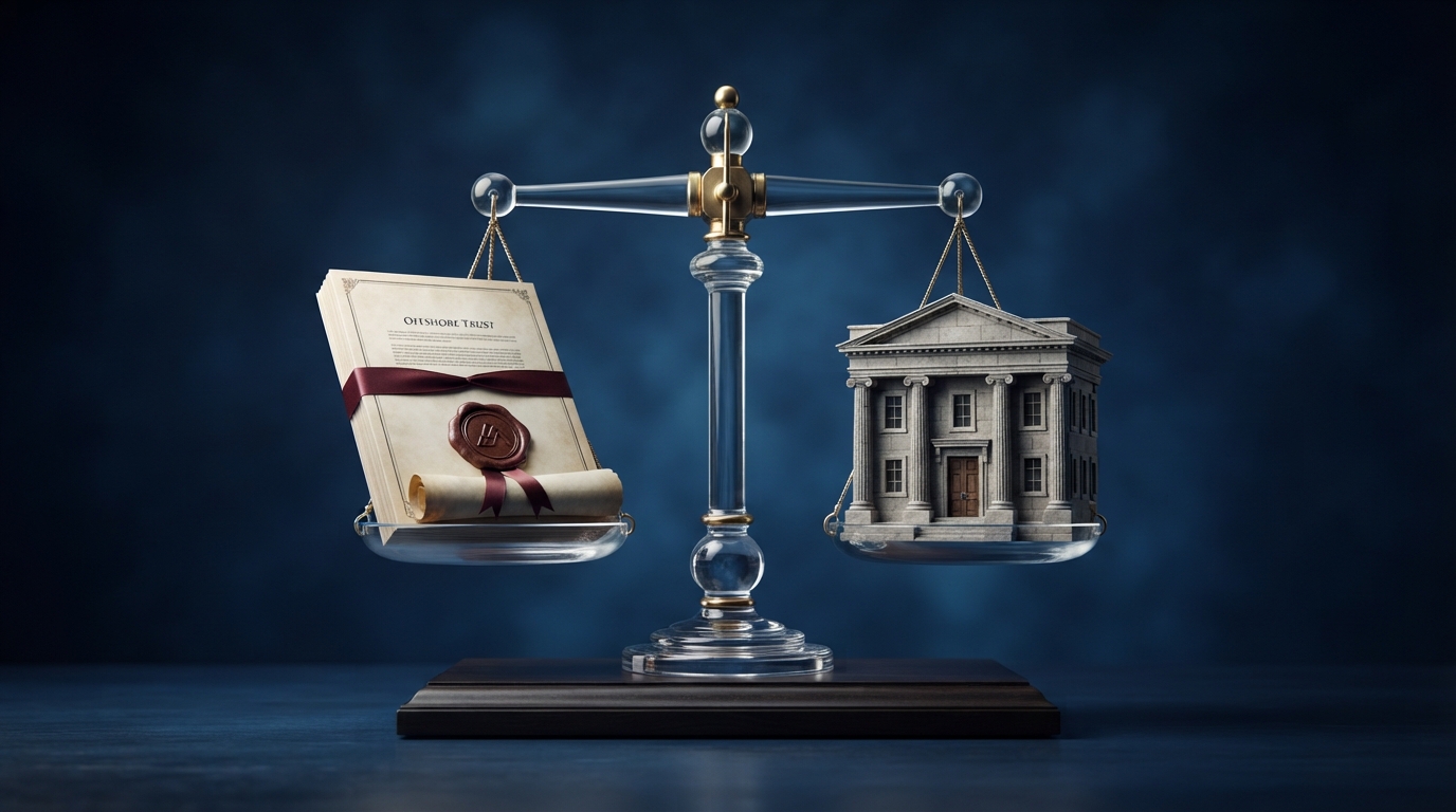 A glass balance scale holds a sealed trust document on one side and a miniature stone building on the other, photographed