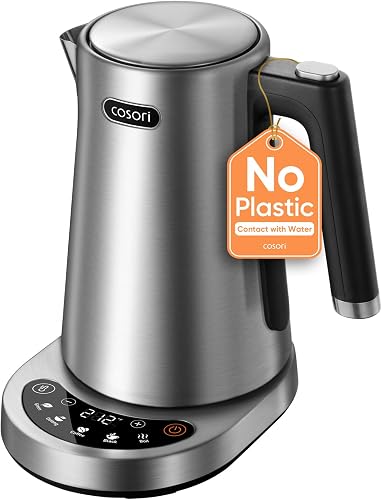 Brushed stainless steel electric kettle with a black handle and base