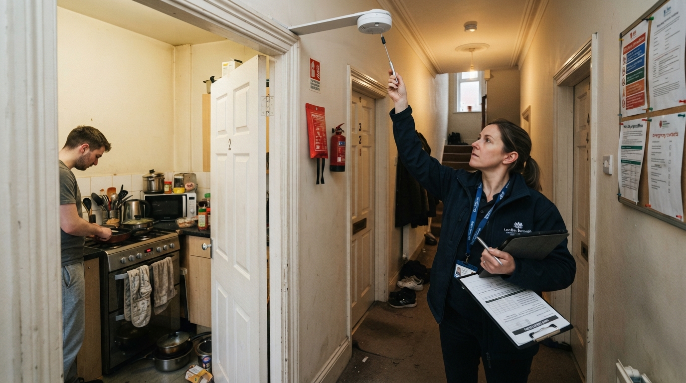 A housing inspector checks smoke alarms and shared kitchen facilities in a converted North London terrace house, residents'