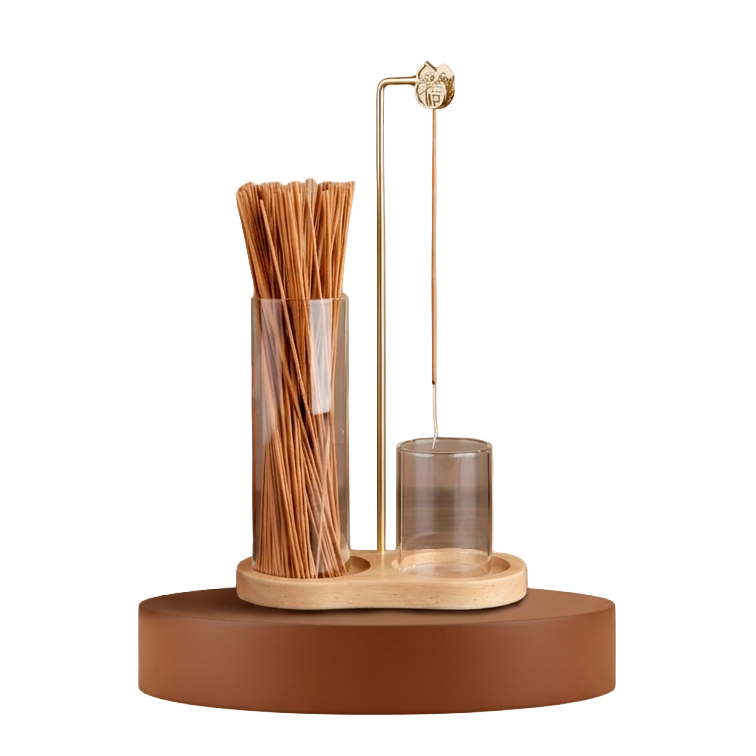 Base de cristal y madera del soporte de incienso