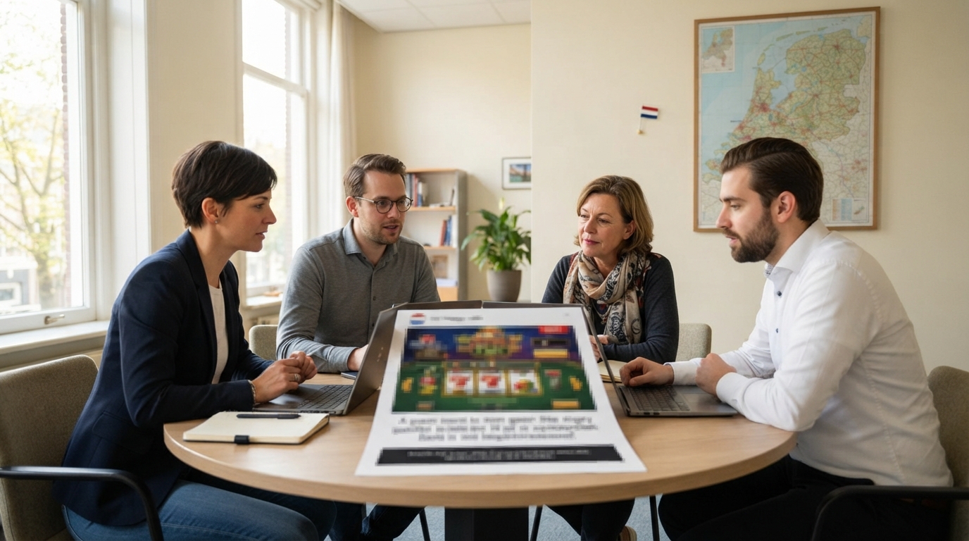 A small review team discusses blurred gambling-ad examples around a round table in a sunlit meeting room, with a map of the
