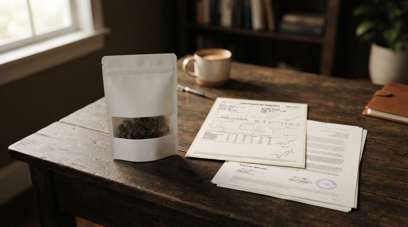 A plain pouch of mushroom gummies rests beside a certificate of analysis and legal paperwork on a dark wooden desk under