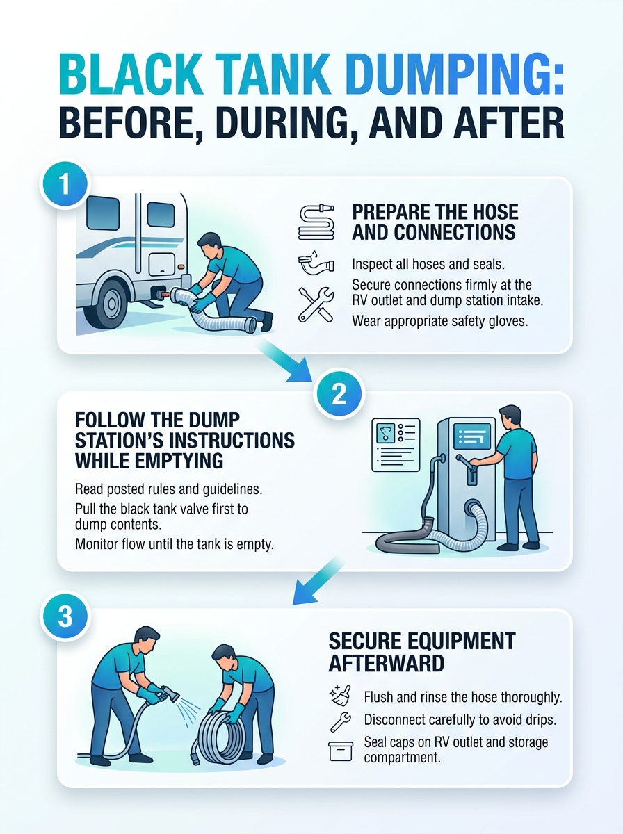 Infographic showing black tank dumping before, during, and after, with pressure changes at Flagstaff’s high altitude.