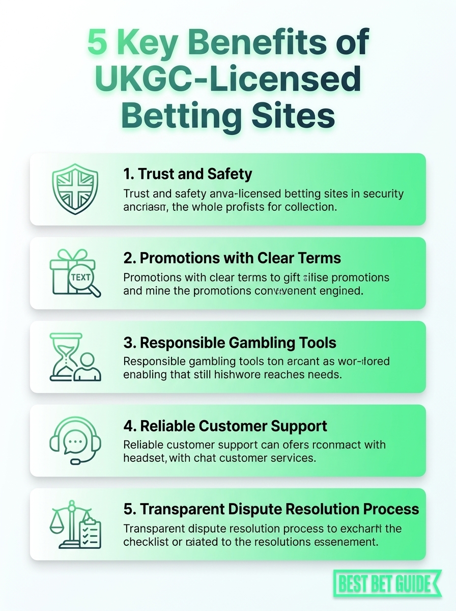 Infographic showing 5 key benefits of UKGC-licensed betting sites: safety, fairness, licensing, trusted payments, and support.