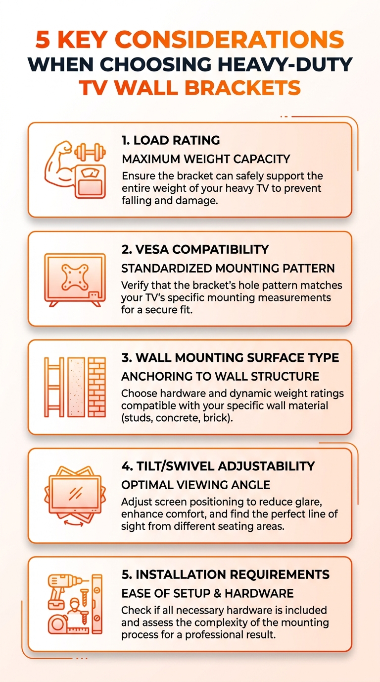 Infographic on 5 key considerations when choosing heavy duty tv wall brackets.