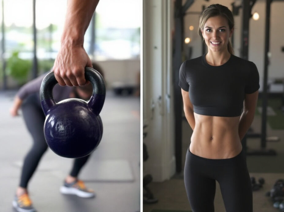 Two people in a gym with a kettlebell