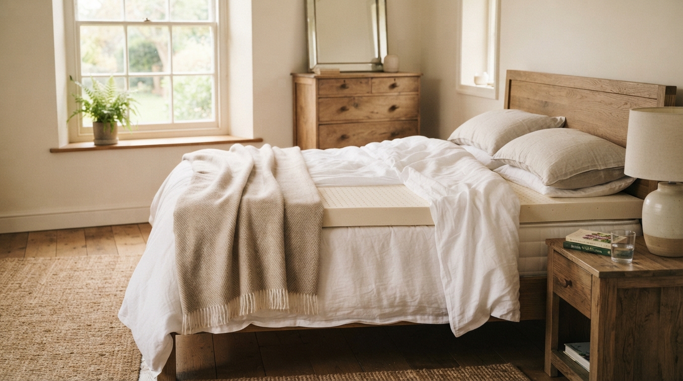 3 inch GOLS-certified organic latex mattress topper on a bed